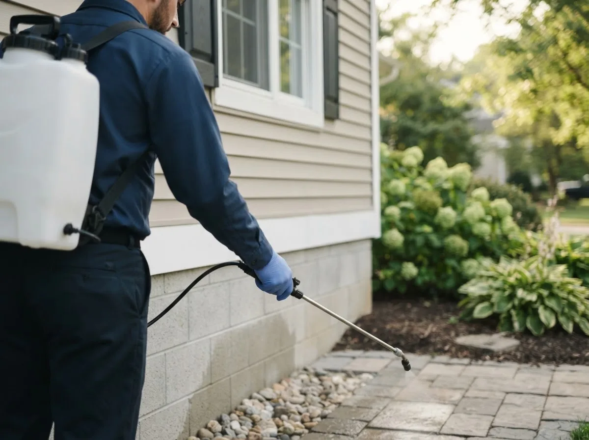 Pest control technician inspecting a home in Snyder, CO